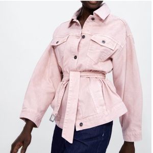 Zara Blush Pink Denim Jacket With Belt Size M Medium